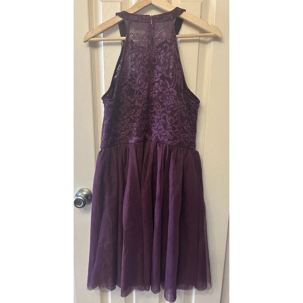 Zapaka Purple Halter Lace Floral Mini Dress Lined Zipper Size XL Party Formal - Picture 2 of 7